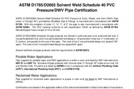 ASTM D1785/D2665 Solvent Weld Schedule 40 PVC Pressure/DWV Pipe Certification Letter